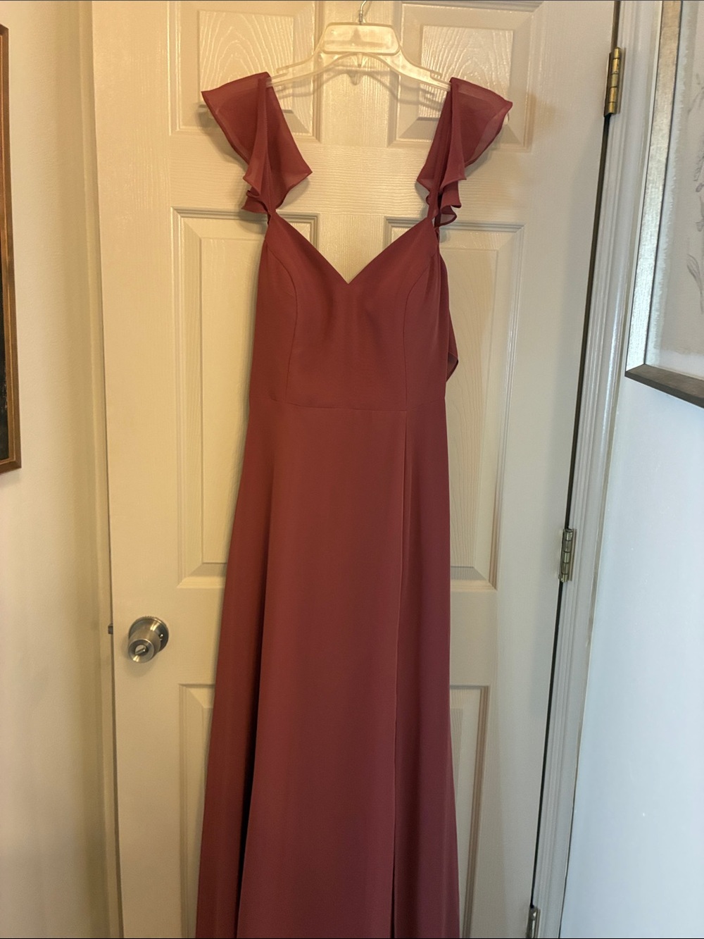 Azazie Dusty Rose Ruffle Strap V-Neck Maxi Dress